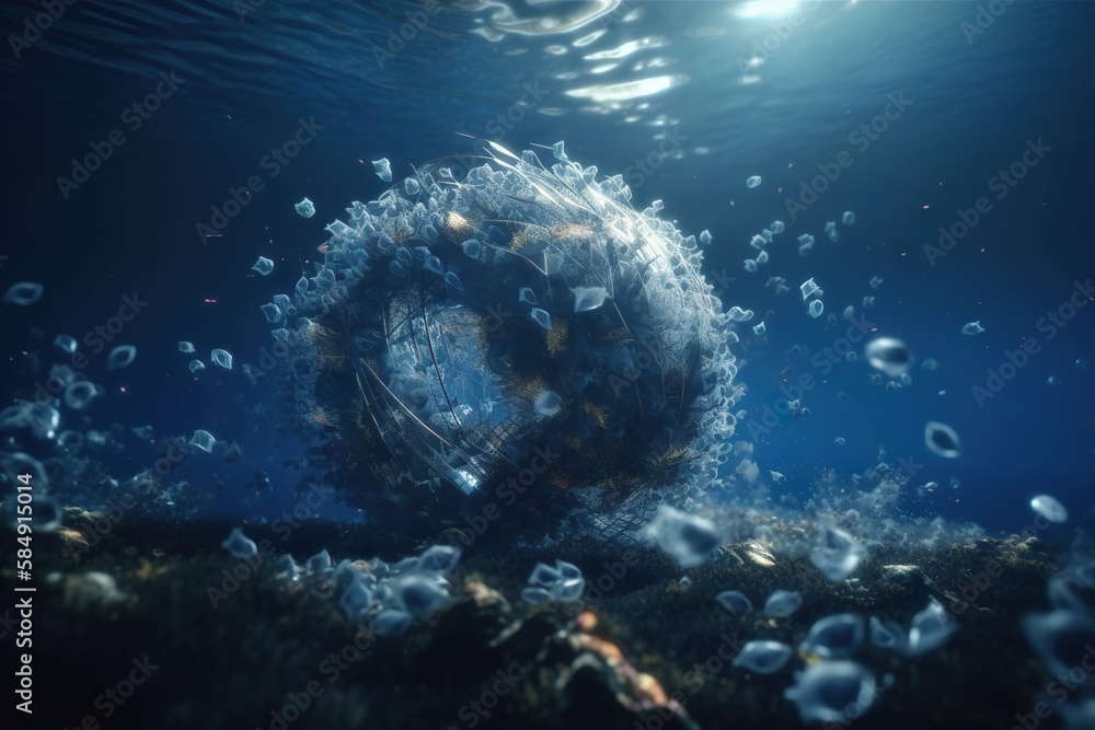 Poster a large object floating in the ocean with bubbles of water around it coral reef environmental art en