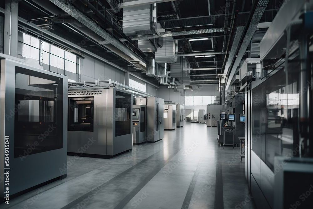 Poster a large industrial building with a lot of machines in it's center workshop engraving manufacturing p