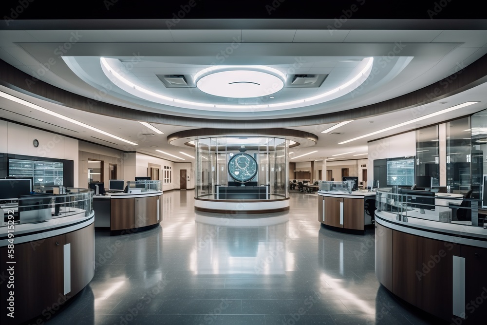 Aufkleber a large room with a clock and several counters in it and a circular ceiling library architectural ph