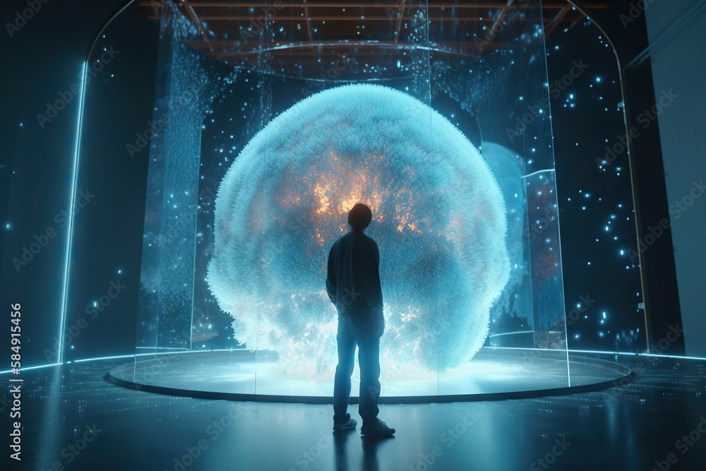 Poster a man standing in front of a large white object in a room science museum kinetic art artificial inte
