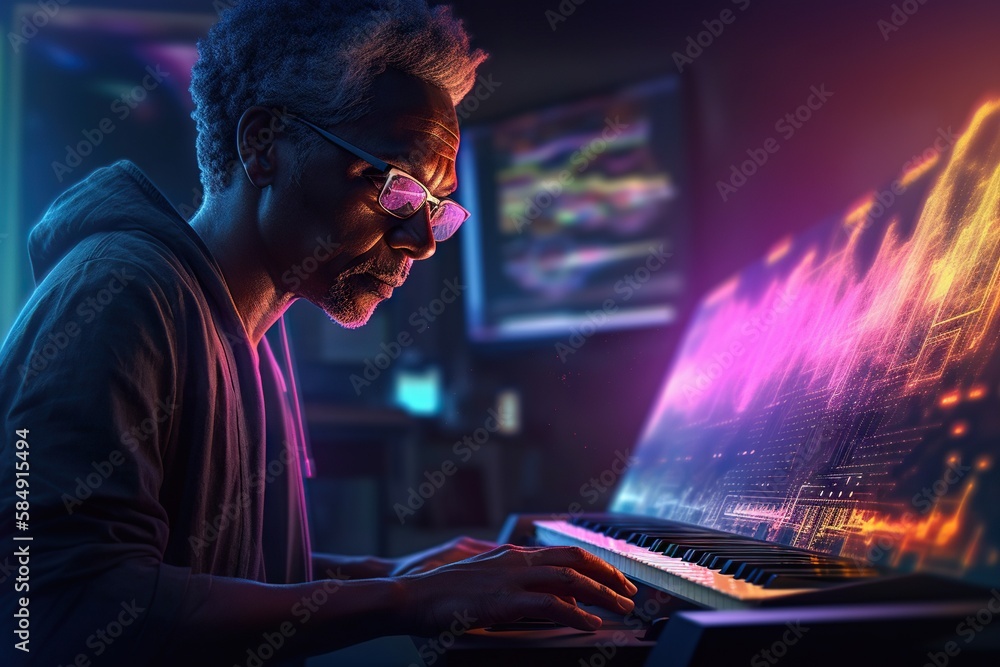 Poster a man in glasses is playing a keyboard in front of a computer factory digital art computer graphics 