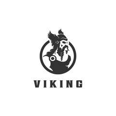 Viking logo design. Nordic warrior symbol. Horned Norseman emblem. Barbarian man head icon with horn helmet