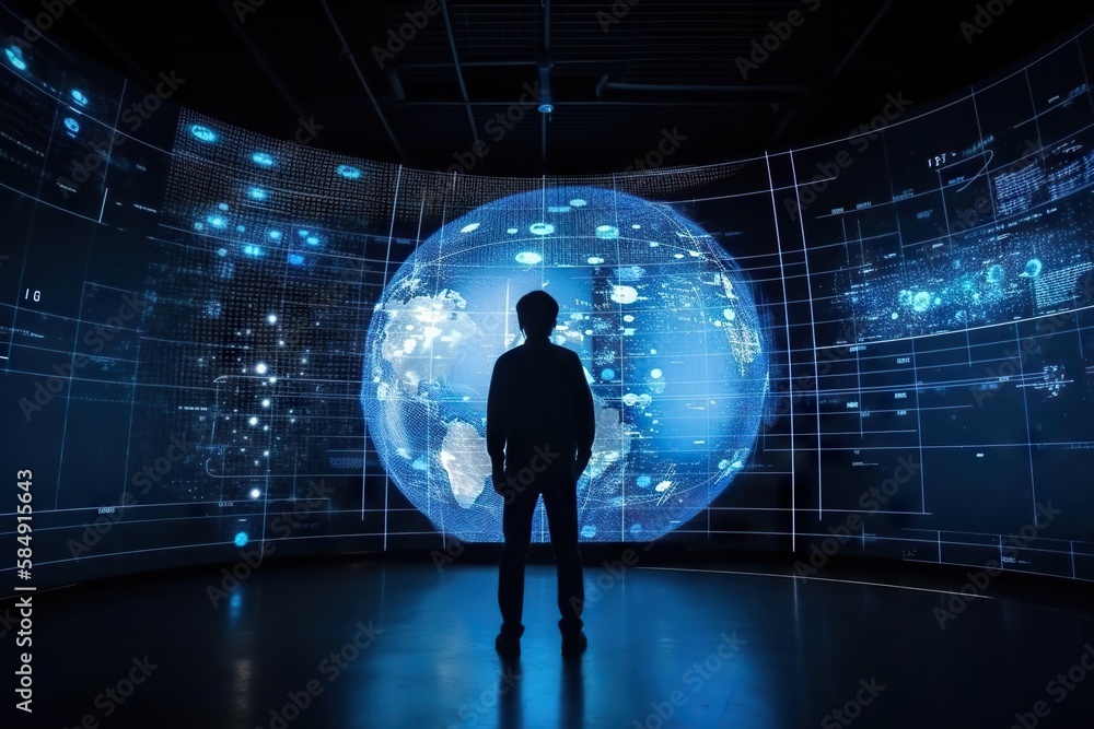 Poster A Man Standing In Front Of A Large Display Of Digital Images Conference Room Video Art Data Analytics Generative AI 