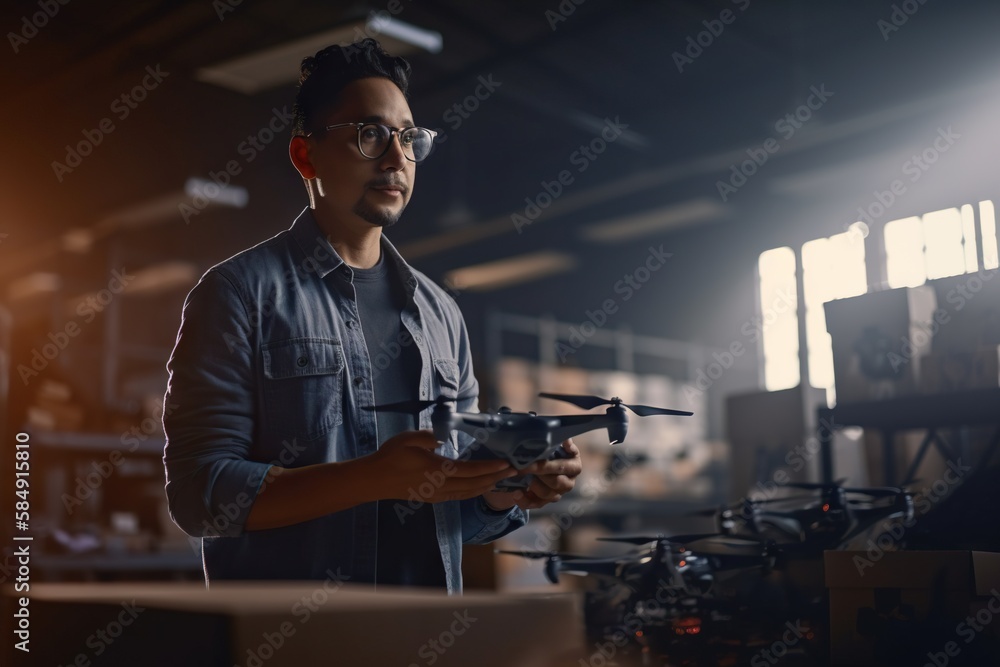 Aufkleber a man holding a remote control device in a warehouse with other remote controls workshop aerial phot
