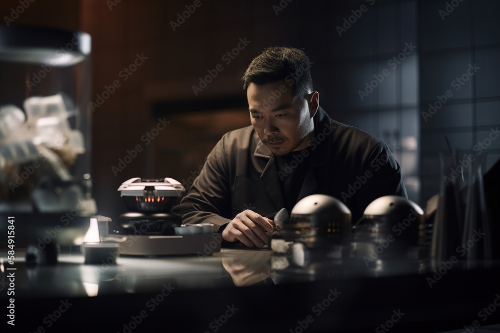 Poster a man sitting at a table with a coffee maker in front of him restaurant film making robotics enginee