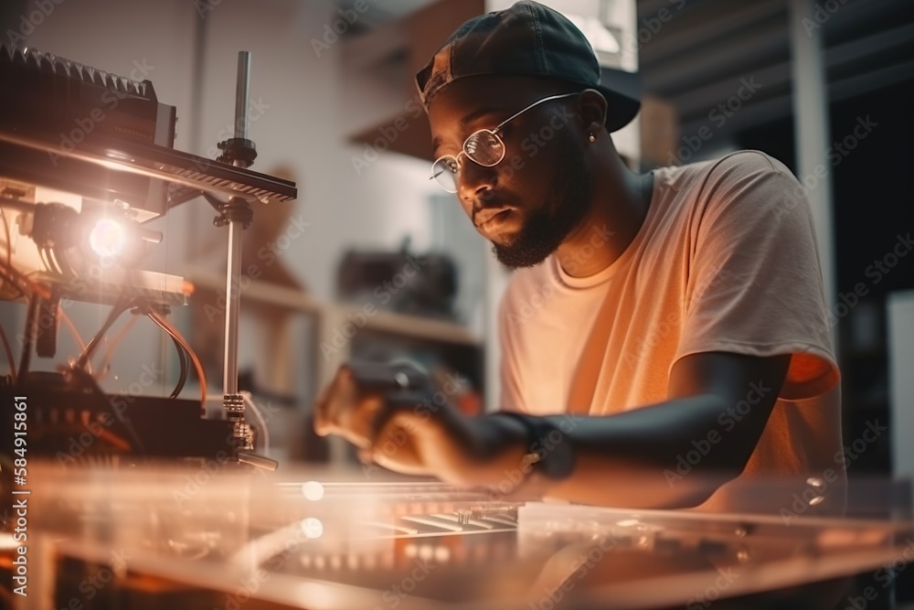 Poster a man in a white shirt and glasses working on a machine workshop time-lapse photography robotics eng