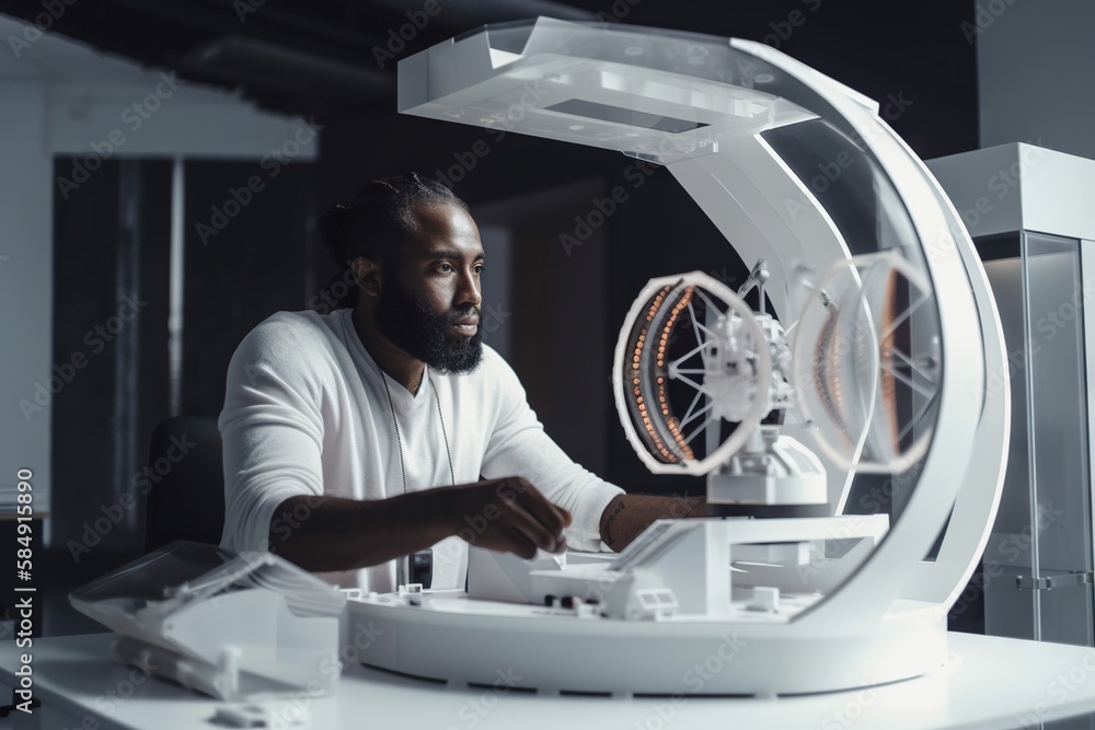 Poster a man is looking at a model of a wheel on a table science museum kinetic art robotics engineering ge