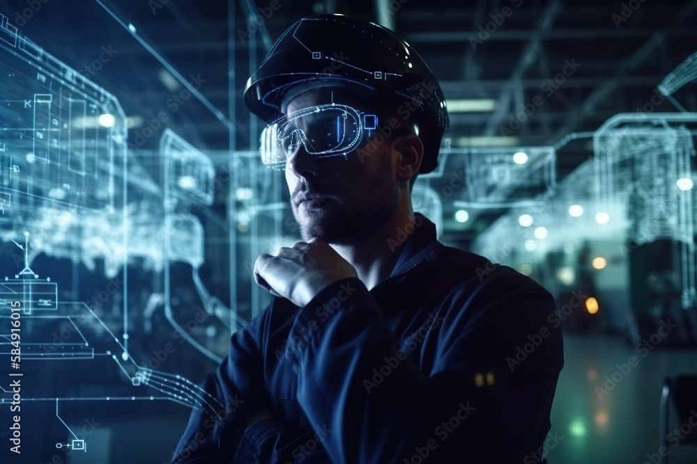 Poster a man in a helmet and goggles standing in front of a futuristic background workshop advertising phot