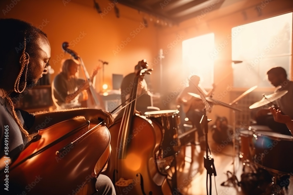 Poster a group of people playing instruments in a room with a window recording studio performance photograp