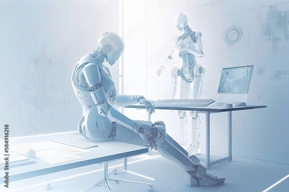 Poster a robot sitting at a desk with a laptop computer in front of him workshop video art robotics enginee