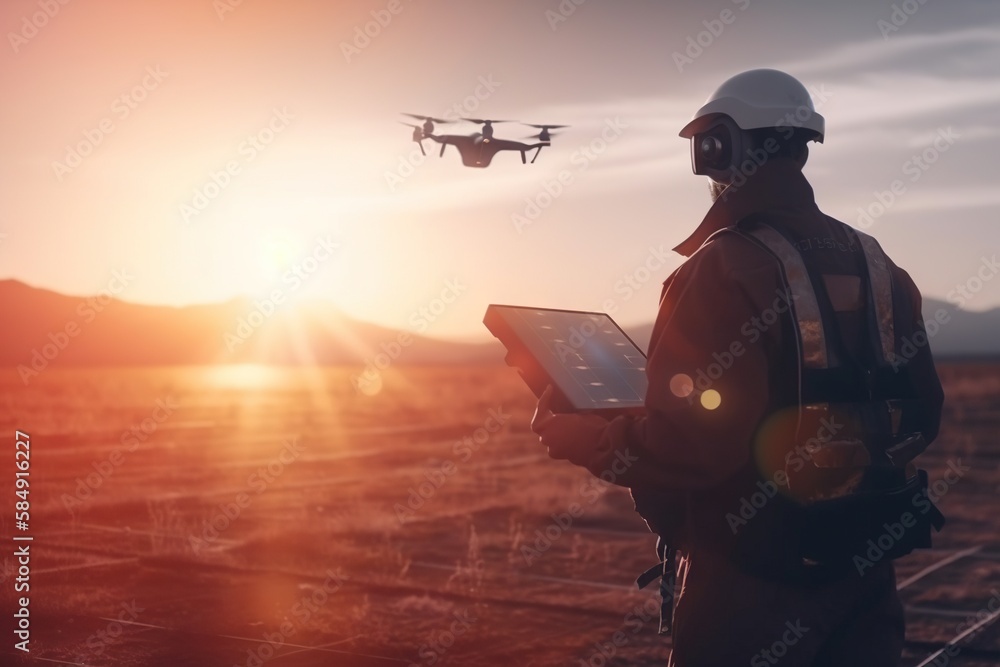 Poster a man in a hard hat holding a tablet computer in front of a remote control plane construction site a