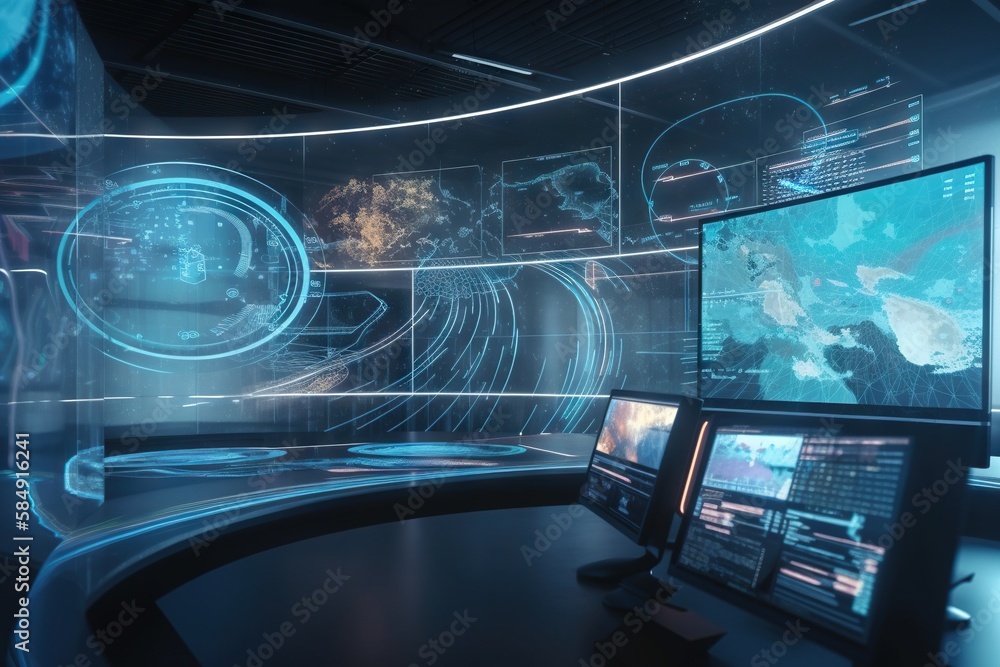 Poster a room with multiple monitors and a large screen with a map conference room panoramic photography cy