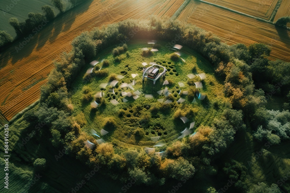 Poster a circular view of a field with a house in the middle grain silo aerial photography energy-efficient