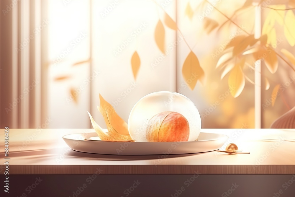 Poster a plate with a peach on it sitting on a table next to a window orchard photorealism 3d modeling gene