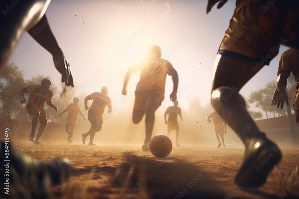Aufkleber a group of people playing soccer on a field with a ball soccer field photorealism competitive analys