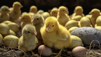 a lot of cute little chicks with coloured easter eggs Generative AI