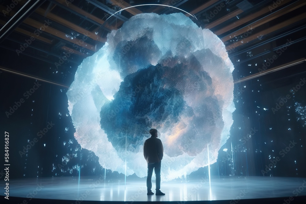 Aufkleber a man standing in front of a large cloud of smoke and light tundra video art cloud computing generat