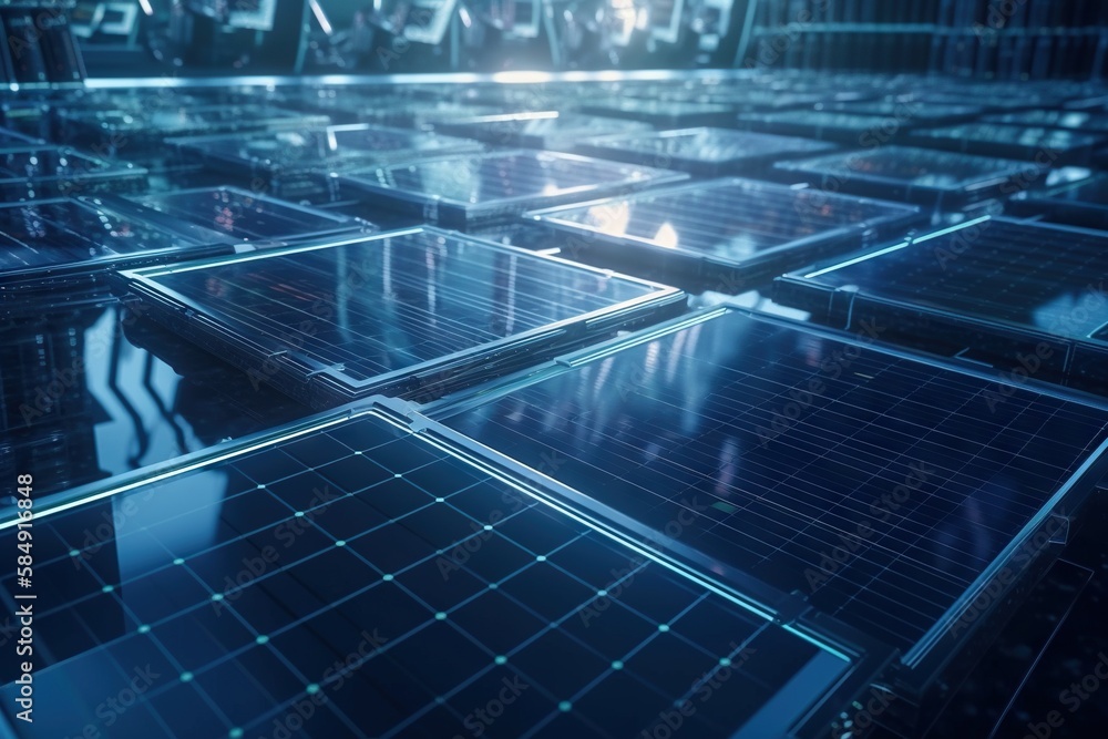 Poster a large array of solar panels in a room with a lot of windows solar farm environmental art solar pan