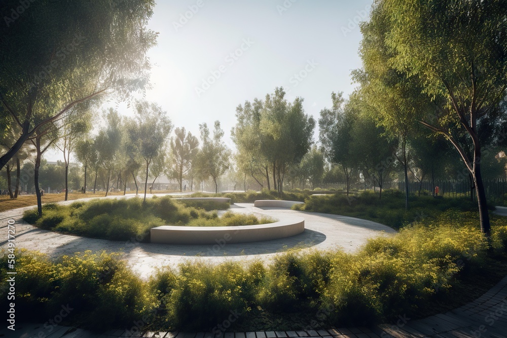 Poster a circular park with a bench and trees in the background and a path leading to it urban park at sunr