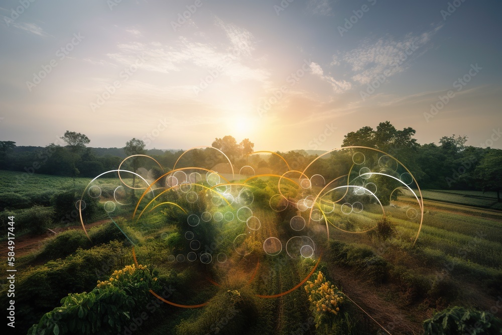 Aufkleber a field with a lot of bubbles floating in the air and trees solar farm environmental art environment