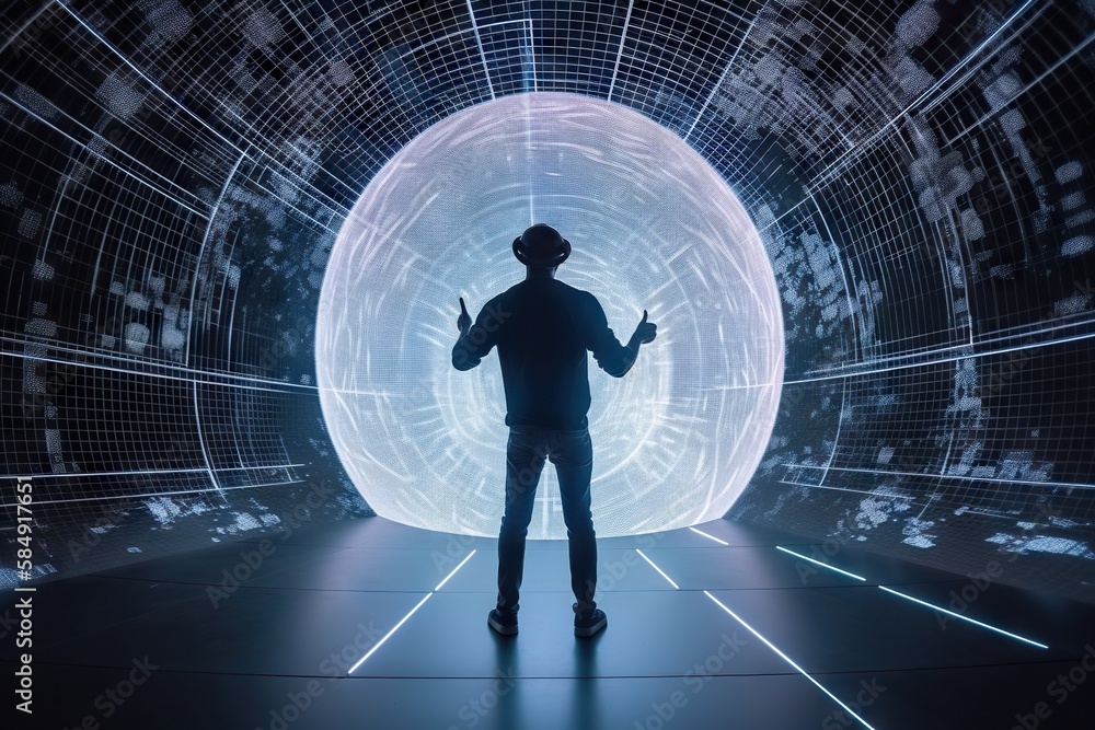 Poster A Man Standing In Front Of A Large Circular Object In A Dark Room Workshop Stereoscopic Photography Virtual Reality Generative AI 