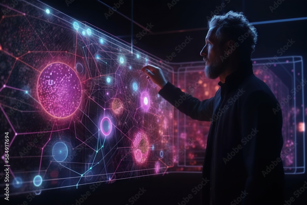 Poster a man points at a large screen with a colorful pattern on it science museum video art data analytics