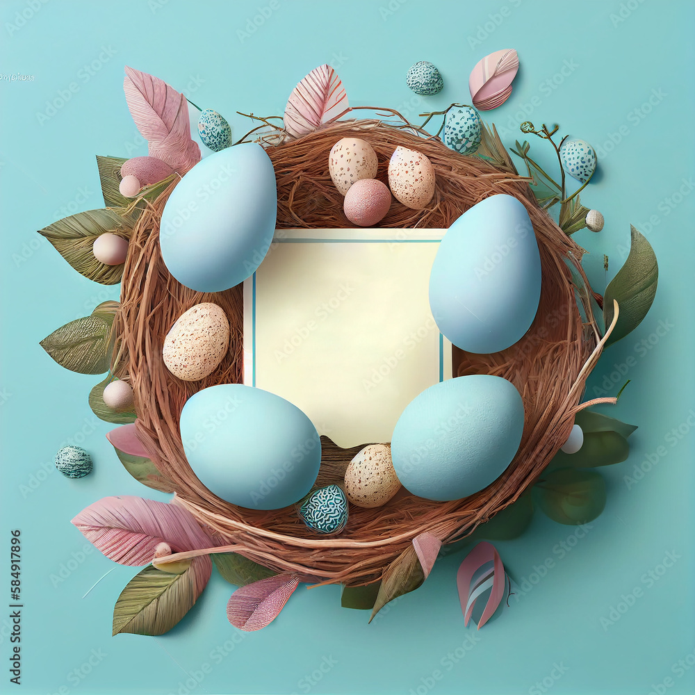 Poster happy easter day concept. top view easter eggs isolated on white background with copy space for text