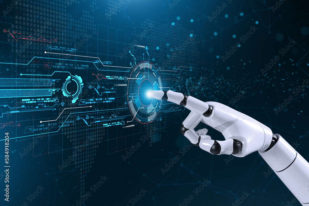Poster ai, machine learning, robot and human hands touching on big data network connection background, arti