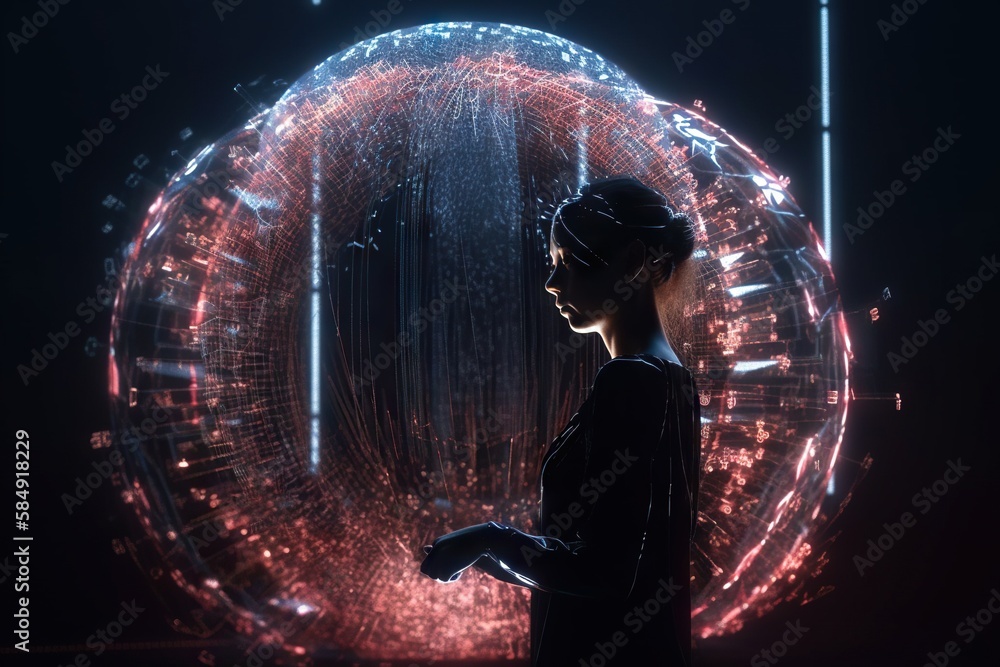 Aufkleber a woman standing in front of a circular object with lights on it library photorealism artificial int
