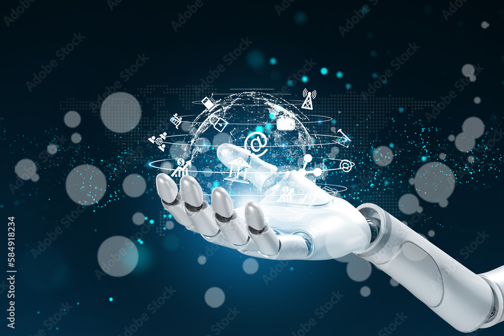 Poster ai, machine learning, robot and human hands touching on big data network connection background, arti