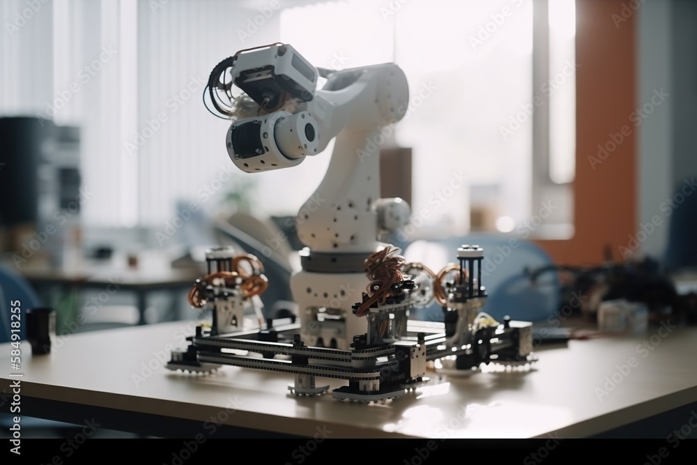 Poster A Robot Is Sitting On A Table In A Room With A Window Workshop Time-lapse Photography Robotics Engineering Generative AI 