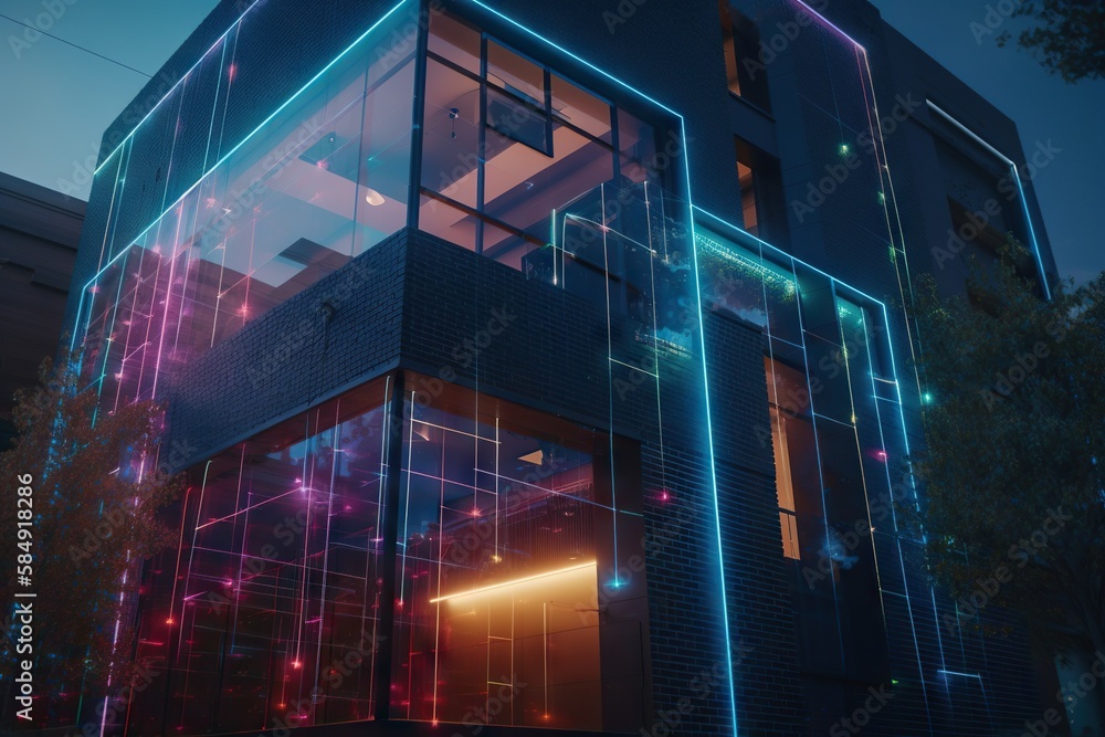 Poster a building with a lot of windows and lights on it's side office building video art smart homes gener