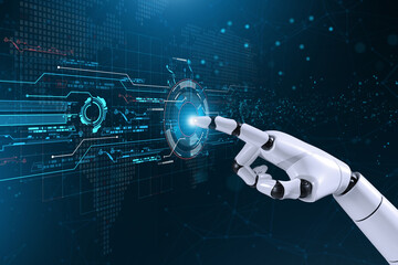 AI, Machine Learning, robot and human hands touching on big data network connection background,  Artificial intelligence, machine learning, internet business, technology concept.