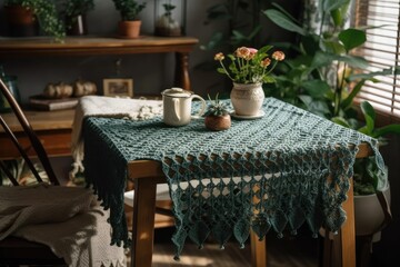 Fototapeta na wymiar There's a white chair and table. Dark green crocheted plaid covers the table. The table has tea and a plant. Generative AI