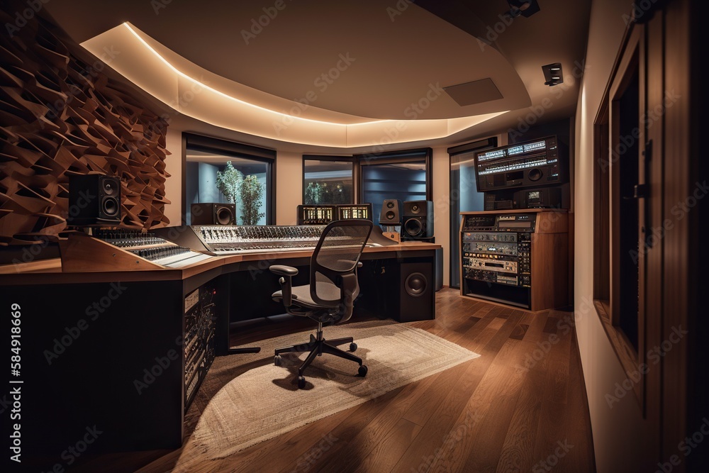 Poster a recording studio with a desk and a chair in the middle recording studio architectural photography 