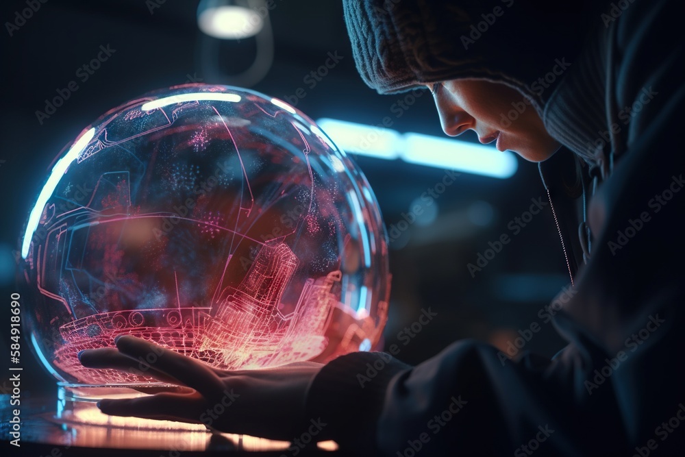 Poster a person holding a crystal ball in their hands in front of a computer tundra photorealism augmented 