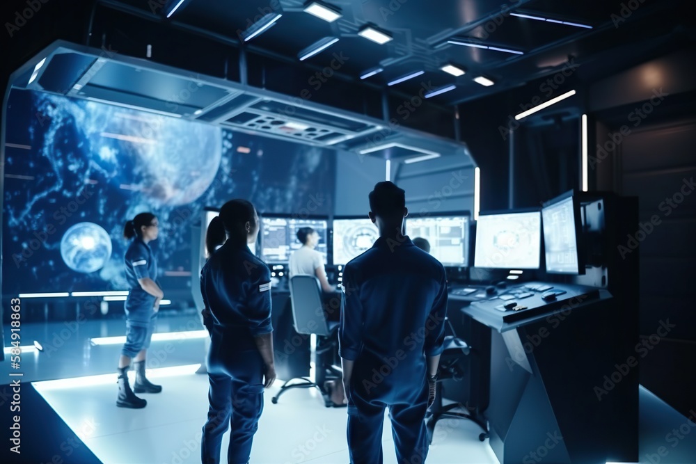 Poster a group of people standing around a room with computers on it deep sea trench panoramic photography 