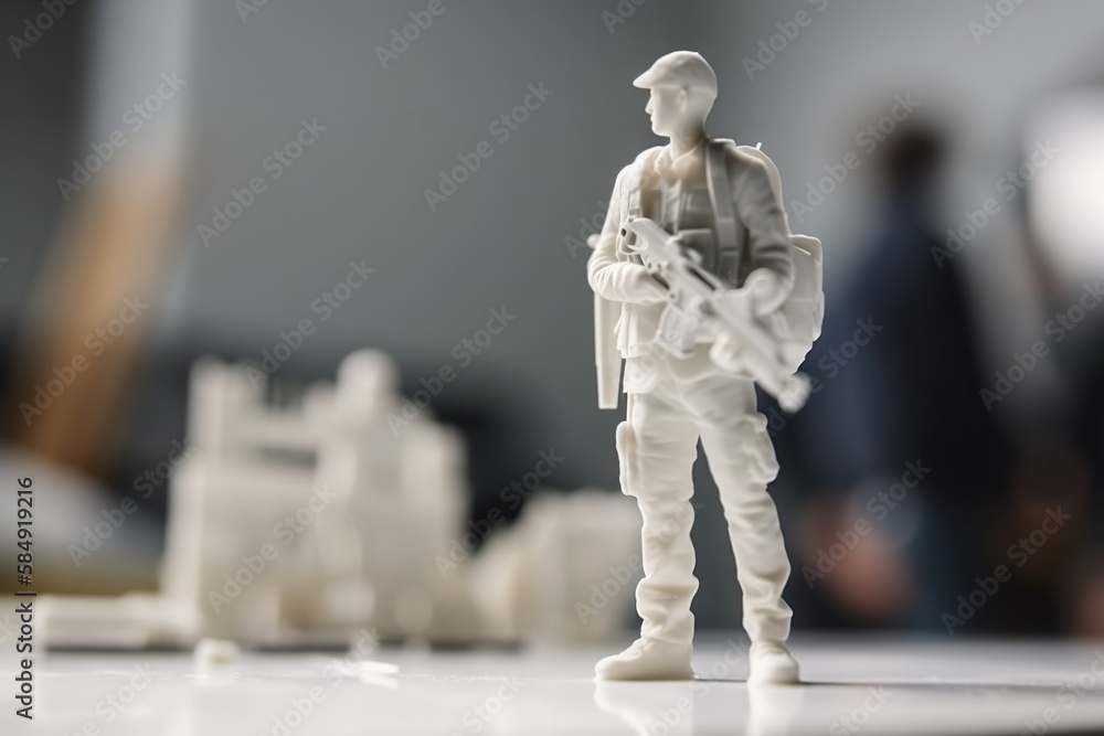 Aufkleber a toy soldier standing on a table with a group of people in the background military base photorealis