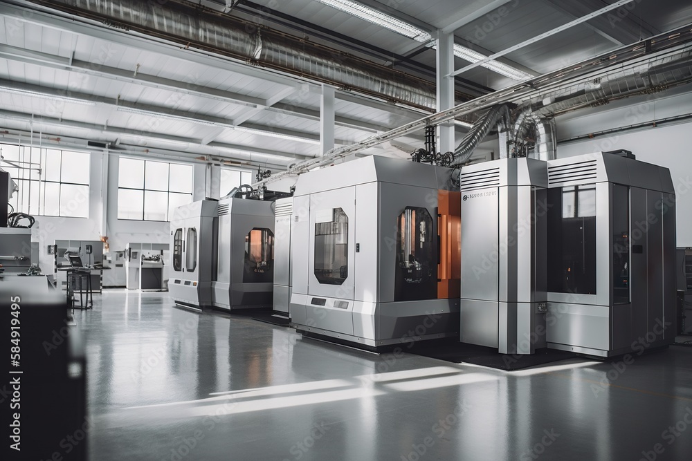 Poster a large room with machines and a lot of windows in it workshop advertising photography manufacturing