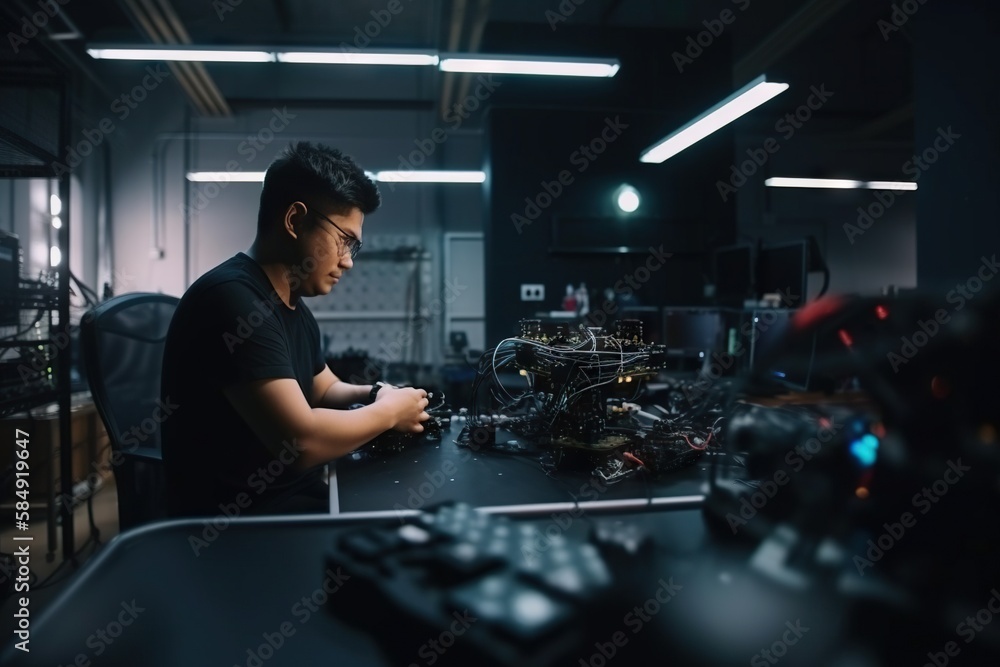 Poster a man is working on a computer in a dark room with a lot of electronics workshop advertising photogr