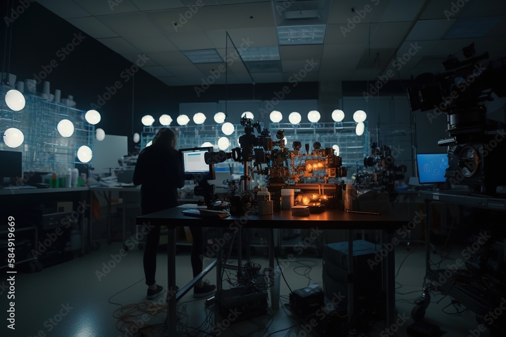 Poster a person standing in a room with lights on the ceiling and a table with a laptop on it deep sea tren