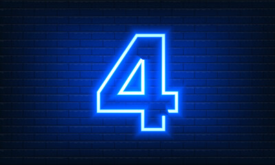Number Four neon sign on brick wall background. Vintage blue electric signboard with bright neon light inscription. Fourth, Number 4 template icon, neon banner, nightly advertising.Vector illustration
