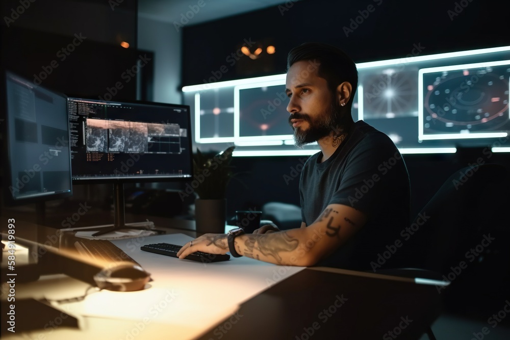 Poster a man sitting at a desk with a computer monitor and keyboard workshop advertising photography video 