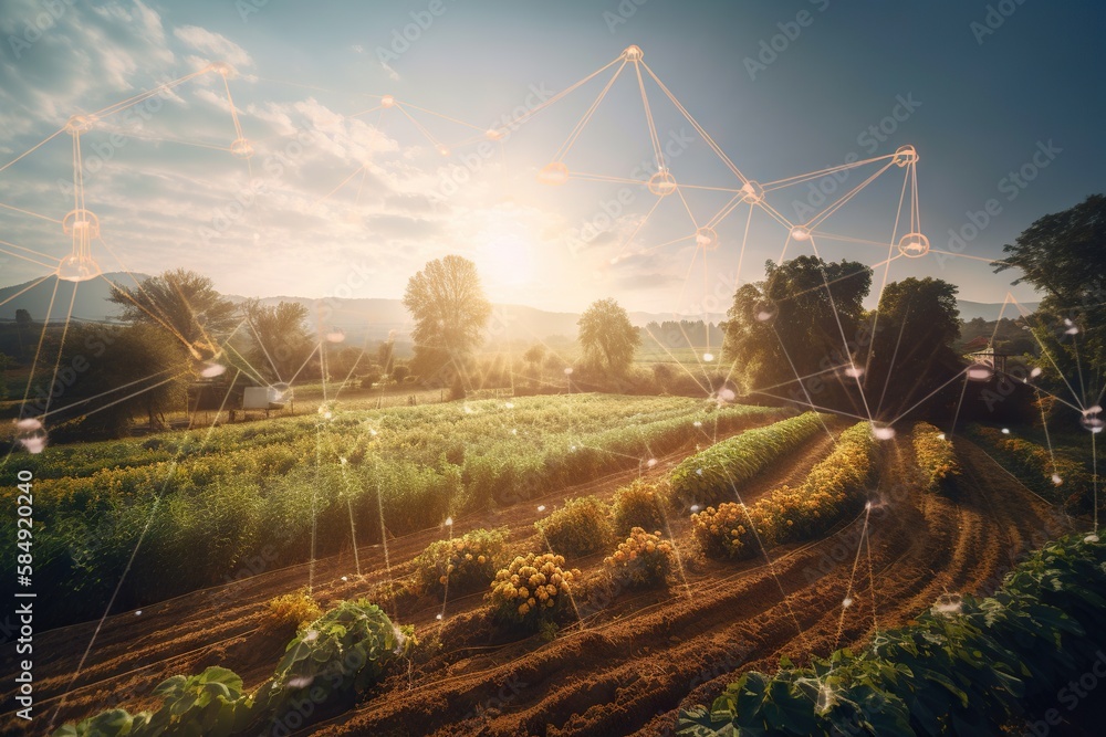 Poster a field with a line of connected lines above it and trees in the background farm environmental art s