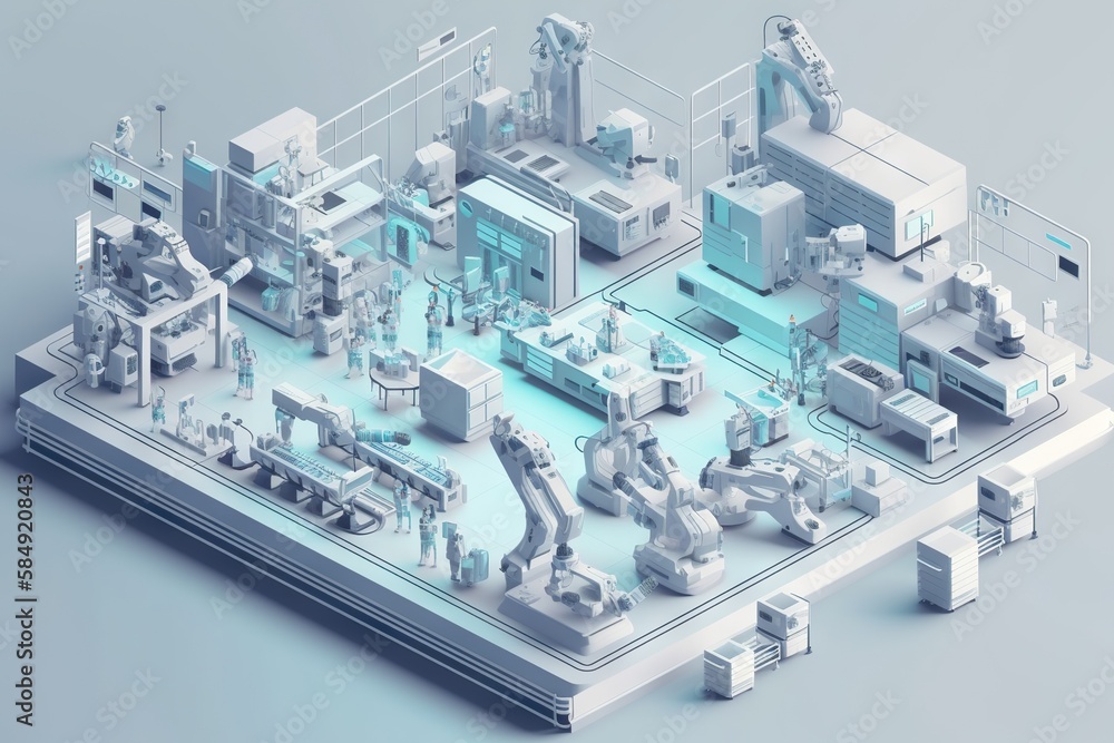 Poster a computer generated image of a factory with a lot of machinery factory assemblage manufacturing pla