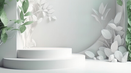 Maximize Your Skincare Display with our 3D Rendered White Podium - Featuring Natural Green Leaves and Foliage Shadows, Sunlight Effects, and Ample Space for Product Showcase - The Perfect Floor Stand 