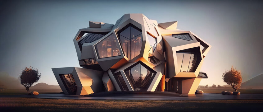 A ultra modern futuristic house. A modern multi-story house, composed trapezoid and octagon shapes. Architecture design. Generative AI. 