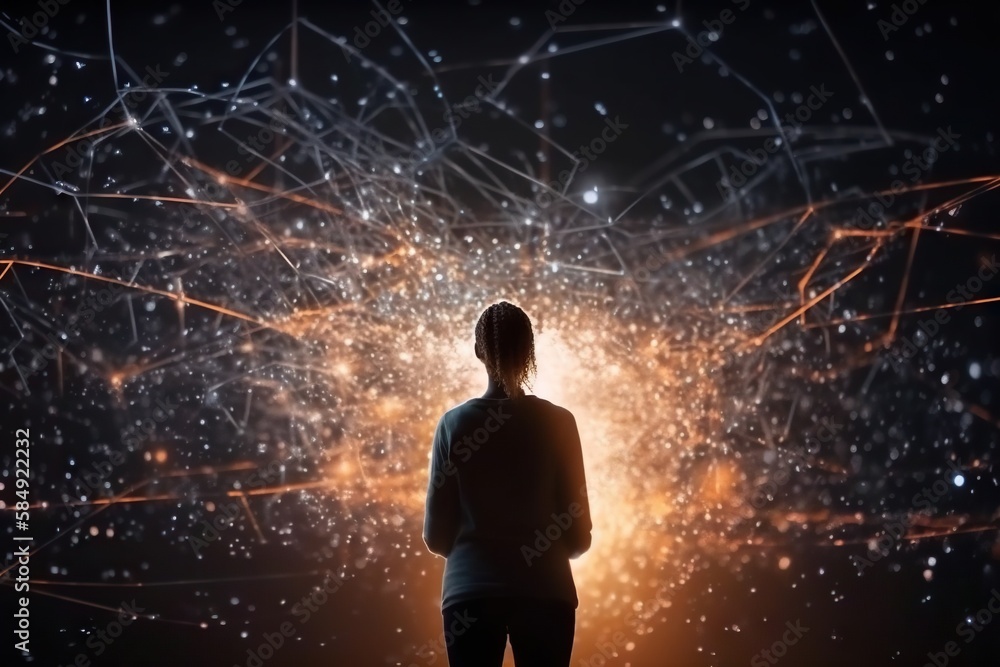 Poster a person standing in front of a dark background with lines and dots workshop video art data analytic