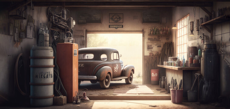 Old garage or shed with a vintage car. An old school garage with a hot rod car base material. warm lighting. Hand edited Generative AI. 