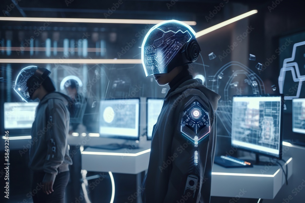 Poster a man in a futuristic suit and helmet looking at a computer screen conference room video art cyberse